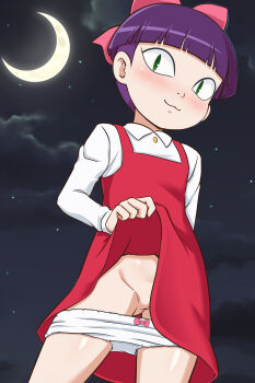  1girl :3 blush cleft_of_venus clothes_lift crescent dress dress_lift female_focus flashing gegege_no_kitarou goldmondsel green_eyes highres loli long_sleeves looking_at_viewer nekomusume night outdoors panties purple_hair pussy pussy_peek short_hair slit_pupils smile solo standing underwear  rating:Explicit score:58 user:Fuckyou357853