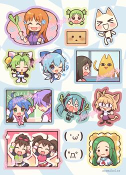 1boy 6+girls :3 ahoge animal_ears animal_hat aqua_hair aqua_outline artist_name azumanga_daiou bleach blonde_hair blue_hair blush_stickers breasts brown_eyes brown_hair caramelldansen cat cat_boy cat_ears cat_girl cat_hat cat_tail chibi churuya cirno closed_eyes commentary danboo dancing dejiko derivative_work di_gi_charat doko_demo_issyo emoticon english_commentary exit_tunes furry furry_male green_eyes green_hair hachune_miku hand_up hat hatsune_miku hiiragi_kagami holding inoue_orihime inoue_toro izumi_konata kaomoji kasuga_ayumu koiwai_yotsuba leekspin_(meme) long_hair looking_at_viewer lucky_star mako_(exit_tunes) mascot medium_hair melty_blood meme mihama_chiyo's_father miko_(exit_tunes) multiple_girls neco-arc open_mouth orange_hair outline paffendorf ponytail purple_hair purple_outline quad_tails roo_(chojino) sample_watermark school_uniform serafuku short_hair short_twintails smile solid_circle_eyes spring_onion sticker_(medium) suzumiya_haruhi_no_yuuutsu tail too_many_memes touhou tsukihime twintails vocaloid watermark yellow_cat yotsubato!