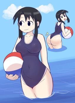  1girl ass azumanga_daiou ball beachball black_eyes black_hair breasts closed_mouth commentary covered_navel from_behind highres holding holding_ball holding_beachball kurosawa_minamo looking_at_viewer mature_female medium_breasts official_alternate_costume one-piece_swimsuit open_mouth peanutman243 short_hair sidelocks simple_background smile solo swimsuit thighs wading water  rating:Sensitive score:12 user:danbooru