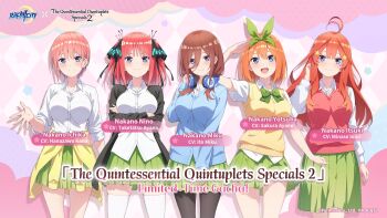  5girls ahoge arms_under_breasts black_bow black_jacket black_pantyhose black_ribbon blue_cardigan blue_eyes blush bow bowtie breasts brown_hair cardigan closed_mouth clothes_around_waist collarbone collared_shirt crossed_arms dot_nose english_text female_focus game_cg go-toubun_no_hanayome green_bow green_bowtie green_ribbon green_skirt hair_between_eyes hair_bow hair_ornament hair_over_one_eye hair_ribbon headphones headphones_around_neck highres jacket kneehighs large_breasts legs long_hair long_sleeves looking_at_viewer medium_hair medium_skirt miniskirt multiple_girls nakano_ichika nakano_itsuki nakano_miku nakano_nino nakano_yotsuba official_art open_mouth orange_hair pantyhose pink_hair pleated_skirt quintuplets red_cardigan red_hair ribbon riichi_city school_uniform shirt shirt_tucked_in shirt_under_sweater short_hair short_sleeves siblings sisters skirt smile socks star_(symbol) star_hair_ornament sweater sweater_around_waist teeth thighhighs thighs translated twintails white_shirt white_thighhighs yellow_cardigan yellow_sweater zettai_ryouiki  rating:General score:2 user:HentaiFushinsa007