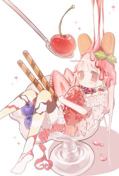  1girl absurdres blush cherry commentary_request dress food fruit highres ice_cream in_food long_hair original pink_hair simple_background sitting solo spoon strawberry sundae twintails very_long_hair wafer_stick white_background white_dress yu2c0rn 