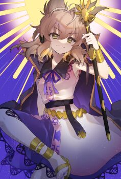  1girl absurdres akibotann blonde_hair bracelet cape closed_mouth commentary_request earmuffs highres holding holding_sword holding_weapon jewelry long_hair looking_at_viewer pointy_hair purple_background purple_cape purple_skirt ritual_baton sheath sheathed shirt skirt sleeveless sleeveless_shirt smile solo sword touhou toyosatomimi_no_miko weapon yellow_eyes 