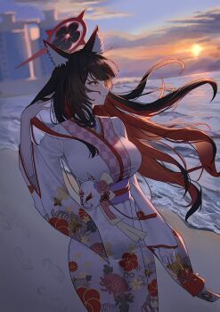  1girl absurdres animal_ear_fluff animal_ears beach blue_archive building closed_mouth colored_inner_hair commentary damyul725 evening eyeshadow floral_print floral_print_kimono footprints fox_ears fox_girl fox_mask halo highres horizon japanese_clothes kimono long_hair makeup mask mask_on_belt multicolored_hair ocean official_alternate_costume outdoors print_kimono red_eyeshadow red_halo sand shore sky smile solo wakamo_(blue_archive) wakamo_(valentine)_(blue_archive) white_kimono yellow_eyes 