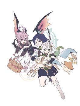  1girl 2boys anklet aranara_(genshin_impact) armlet basket black_bodysuit black_bridal_gauntlets black_coat black_eyes black_hair black_horns black_shorts black_sleeves black_tail blue_sleeves blunt_ends blush_stickers bodysuit boots bracelet bridal_gauntlets bright_pupils carrying chest_jewel child_carry closed_mouth coat collar colored_tips commentary_request covered_collarbone cross-shaped_pupils detached_sleeves dragon_boy dragon_horns dragon_tail dragon_wings dress eyelashes eyeliner eyeshadow flying furisode gem genshin_impact gloves gold gold_ring gold_trim green_eyes green_hair green_sleeves hair_between_eyes hair_intakes hair_ornament hakama hakama_shorts hand_on_another's_hip highres holding holding_basket horns japanese_clothes jewelry kimono layered_sleeves leaf leaf_hair_ornament leg_warmers long_hair long_sleeves looking_at_another looking_at_creature makeup middle_ring mini_durin_(genshin_impact) mini_durin_(human)_(genshin_impact) multicolored_hair multicolored_horns multicolored_tail multiple_boys nahida_(genshin_impact) open_hands open_mouth orange_wings pants picnic_basket pink_hair pleated_shorts purple_eyes purple_horns purple_tail reaching reaching_towards_another red_eyeliner red_eyeshadow red_gemstone scaramouche_(genshin_impact) short_sleeves shorts shoulder_peek side_ponytail sidelocks smile socks symbol-shaped_pupils tail tareme teeth toeless_socks tsurime upper_teeth_only uwao0607 wanderer_(genshin_impact) watermark white_background white_boots white_collar white_dress white_gloves white_hair white_kimono white_leg_warmers white_pants white_pupils white_sleeves white_socks wings wispy_bangs 