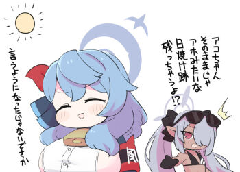  2girls :d ^^^ ^_^ ako_(blue_archive) armband bare_shoulders bell bikini black_bikini black_gloves black_ribbon blue_archive blue_hair blue_jacket blush_stickers breasts chibi closed_eyes dark-skinned_female dark_skin eyewear_on_head gloves grey_hair hair_over_one_eye hair_ribbon halo iori_(blue_archive) iori_(swimsuit)_(blue_archive) jacket large_breasts long_hair miranofuudoria multiple_girls neck_bell open_mouth ribbon shirt sideboob simple_background smile sun_symbol sunglasses swimsuit translation_request twintails upper_body very_long_hair white_background white_shirt 