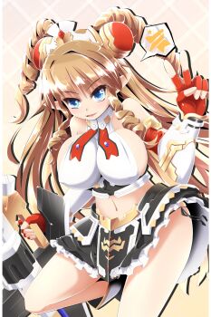  1girl banpresto bare_shoulders black_panties blonde_hair blue_eyes breasts crop_top crop_top_overhang drill_hair female_focus fingerless_gloves gloves highres hip_focus holding large_breasts long_hair long_pointy_ears looking_at_viewer miniskirt navel neige_hausen open_mouth panties pointy_ears shoes sibelurabbi side-tie_panties skirt sleeveless smile solo stomach super_robot_wars super_robot_wars_og_saga_mugen_no_frontier thighs twintails underwear v  rating:Sensitive score:14 user:yuri2896