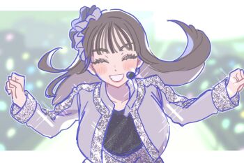  1girl animification black_shirt brown_hair clenched_teeth closed_eyes commentary_request facing_viewer floating_hair glitter hands_up headset just_woo!! layered_clothes liella!_7th_lovelive!_~fly!_music_world~ long_sleeves love_live! love_live!_superstar!! official_alternate_costume parted_lips payton_naomi real_life shirt smile solo techimi teeth upper_body 