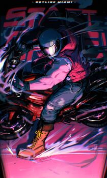  1boy akira_slide biker_(hotline_miami) black_gloves blue_helmet blue_pants boots brown_boots copyright_name denim english_text gloves helmet highres hood hood_down hooded_jacket hotline_miami jacket jeans male_focus motor_vehicle motorcycle motorcycle_helmet muscular muscular_male on_motorcycle pants red_jacket sleeveless sleeveless_jacket smoke solo tatsu_(tatsumccree) torn_clothes torn_sleeves 