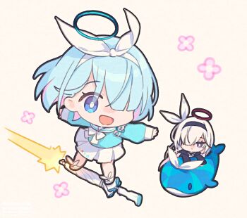  2girls arona_(blue_archive) black_hairband blue_archive blue_hair bow_hairband braid chibi chibi_only closed_umbrella commentary_request flower_symbol hair_between_eyes hair_over_one_eye hairband halo long_hair long_sleeves looking_at_viewer multiple_girls open_mouth pink_hair plana_(blue_archive) ribbon sailor_collar saipaco school_uniform serafuku short_hair side_braid simple_background skirt umbrella umbrella_riding white_hair white_hairband white_ribbon white_sailor_collar white_skirt 