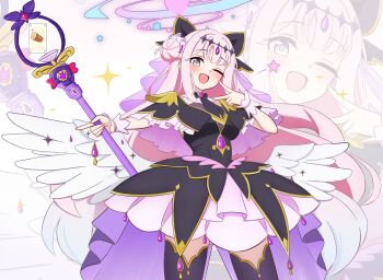  1girl absurdres antenna_hair black_bow black_capelet black_dress blue_archive blush bow brooch capelet commentary_request cosplay cure_arcana_shadow cure_arcana_shadow_(cosplay) diamond_hairband dot_nose dress earrings fingernails gem hair_bow hair_bun hair_intakes halo heart heart_brooch highres hururu_game jewelry layered_dress legs_together long_hair looking_at_viewer magical_girl meitantei_precure! mika_(blue_archive) moria_luluka one_eye_closed open_mouth parted_lips pink_hair pink_halo precure purple_gem purple_veil simple_background single_hair_bun single_side_bun smile solo standing tear_arcana_rod touyama_nao veil voice_actor_connection white_background white_wrist_cuffs wrist_cuffs yellow_eyes zoom_layer 