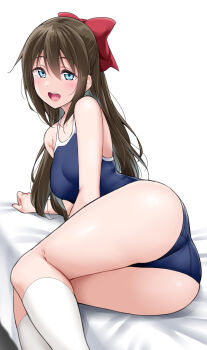 1girl :d ass ass_focus bare_shoulders bed_sheet blue_eyes blue_one-piece_swimsuit blush bow breasts brown_hair commentary_request competition_swimsuit dot_nose hair_between_eyes hair_bow half_updo highres kneehighs long_hair looking_at_viewer love_live! love_live!_nijigasaki_high_school_idol_club lying medium_breasts on_side one-piece_swimsuit open_mouth osaka_shizuku red_bow school_swimsuit simple_background smile socks solo swimsuit thighs white_background white_socks yopparai_oni rating:Sensitive score:56 user:danbooru