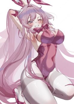 1girl ;) absurdres alternate_costume animal_ears armpits arms_behind_head breasts commentary_request covered_navel elf elysia_(honkai_impact) fake_animal_ears high_heels highres honkai_(series) honkai_impact_3rd komay_(okomay05me) large_breasts leotard long_hair one_eye_closed pantyhose pink_hair pink_leotard_(dq) playboy_bunny pointy_ears purple_eyes rabbit_ears seiza simple_background sitting smile solo twitter_username very_long_hair white_background white_pantyhose