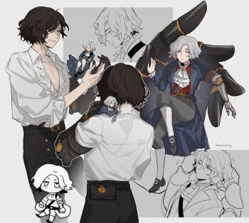  1boy artist_name ascot black_hair black_pants blue_coat blue_eyes chibi chibi_inset coat commentary dual_persona english_commentary freckles grey_hair grey_pants highres kumashige lies_of_p male_focus mechanical_arms mini_person miniboy multiple_views official_alternate_hair_color pants pinocchio_(lies_of_p) prosthesis prosthetic_arm shirt short_hair single_mechanical_arm sitting smile twitter_username white_ascot white_shirt 