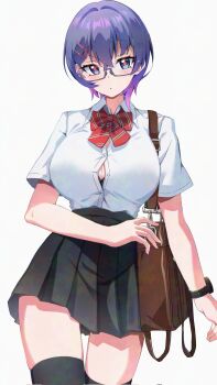  1girl amamiya_maki bag black_bra black_skirt black_thighhighs blue_eyes blue_hair bow bowtie bra bra_peek breasts brown_bag button_gap cleavage collared_shirt commentary_request corrupted_twitter_file diagonal-striped_bow diagonal-striped_bowtie diagonal-striped_clothes glasses hair_ornament hairpin highres miyama_(yakinikusushi_the_royal) mole mole_under_eye multicolored_hair original pleated_skirt purple_hair red_bow red_bowtie red_pupils semi-rimless_eyewear shirt short_hair skirt solo striped_bow striped_bowtie striped_clothes sweat thighhighs two-tone_hair underwear watch white_background white_shirt wristwatch 