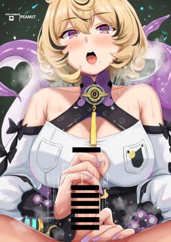  1boy 1girl artist_name bar_censor bare_shoulders blonde_hair blush breasts button_gap censored collarbone commentary_request detached_sleeves fingernails hair_between_eyes handjob hetero high-waist_shorts highres large_breasts looking_at_viewer mole mole_under_mouth motion_lines open_mouth paid_reward_available peanut_(shokan) penis pov pov_crotch purple_eyes purple_nails shirt short_hair shorts suction_cups sweat tentacle_girl tentacle_tail tentacles white_shirt yidhari_murphy zenless_zone_zero 