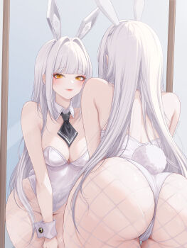 1girl animal_ears arched_back armpit_crease ass ass_focus back bare_arms bare_shoulders bent_over black_necktie blanc_(nikke) blunt_bangs breasts cleavage cowboy_shot detached_collar fake_animal_ears fake_tail fishnet_pantyhose fishnets goddess_of_victory:_nikke highleg highleg_leotard highres leotard long_hair looking_at_viewer medium_breasts mirror mole mole_on_breast myomomoo necktie pantyhose playboy_bunny rabbit_ears rabbit_tail reflection short_necktie smile solo standing strapless strapless_leotard tail thigh_gap very_long_hair white_hair white_leotard wrist_cuffs yellow_eyes rating:Sensitive score:76 user:danbooru