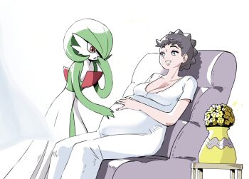 1girl alternate_costume blue_eyes braid chair collarbone curtains diantha_(pokemon) dress flower gardevoir gen_3_pokemon grey_hair hand_on_another's_stomach indoors looking_at_another nintendo petals pokemon pokemon_xy pregnant red_eyes sitting sitting_on_person smile solo vase wanderjegson white_background 