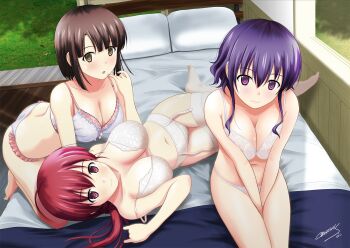 3girls ass barefoot bed between_legs bra breasts brown_eyes brown_hair cleavage collarbone day frilled_panties frills garter_belt hair_between_eyes hand_between_own_legs hashima_izumi highres hyoudou_michiru katou_megumi large_breasts long_hair looking_at_viewer multiple_girls nail_polish navel off_shoulder open_mouth panties pillow pink_nails ponytail purple_eyes purple_hair red_eyes red_hair saenai_heroine_no_sodatekata satou_chagashi shiny_skin short_hair_with_long_locks sidelocks signature sitting smile underwear underwear_only white_bra white_legwear white_panties rating:Sensitive score:47 user:danbooru