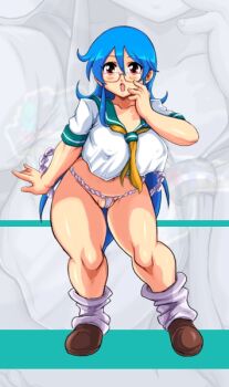  1girl blue_hair blush breasts cameltoe female_focus final_fuck fundoshi glasses japanese_clothes large_breasts loafers long_hair looking_at_viewer loose_socks milk_(nonki) nonki open_mouth plump red_eyes school_uniform serafuku shoes socks solo standing thick_thighs thighs wide_hips zoom_layer 