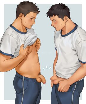  2boys bara black_hair blush clothes_lift commentary english_commentary flaccid foreskin highres lifting_own_clothes male_focus male_pubic_hair multiple_boys navel original outside_border penis pubic_hair shirt_lift short_hair simple_background stomach sweatdrop testicles uhai  rating:Explicit score:5 user:danbooru