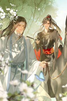  2boys aa820733 absurdres animal bishounen black_hair black_hanfu blue_butterfly blurry blurry_foreground branch bug butterfly chenqing_flute chinese_clothes closed_eyes closed_mouth commentary_request couple dappled_sunlight day depth_of_field dizi donkey falling_leaves falling_petals flower flute grey_eyes grey_pants grin hanfu headband high_ponytail highres holding holding_flute holding_instrument holding_reins insect instrument lan_wangji leaf light_particles little_apple_(donkey) long_hair long_sleeves looking_at_another male_focus modao_zushi multiple_boys outdoors pants petals ponytail red_sash reins ribbon riding riding_animal robe sash sidelocks smile standing sunlight transverse_flute tree walking watermark wei_wuxian weibo_watermark white_flower white_hanfu white_headband white_ribbon white_sash wide_sleeves yaoi 