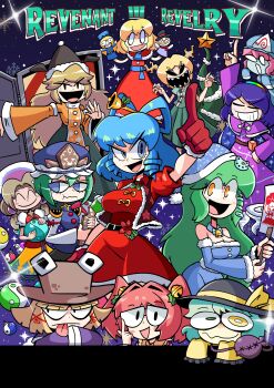  6+girls absurdres adapted_costume alice_margatroid alternate_costume arm_up bell black_hat blonde_hair blue_dress blue_eyes blue_hair blue_hat blue_ribbon bowl bowl_hat breasts christmas christmas_ornaments christmas_tree cleavage closed_eyes cookie door dress drill_hair drill_sidelocks eating food gingerbread_cookie glasses gohei green_hair green_skirt hand_puppet hat hat_ribbon heterochromia highres holding holding_gohei holding_puppet jingle_bell kagiyama_hina kaku_seiga kevin_arthur kicchou_yachie kochiya_sanae komeiji_koishi long_hair long_sleeves matara_okina moriya_suwako motoori_kosuzu multiple_girls neck_bell no_pupils open_mouth orange_shirt orb outside_border pink_hair puppet purple_dress red_hair red_skirt ribbon saigyouji_yuyuko santa_costume santa_hat sharp_teeth shiki_eiki shirt sidelocks skirt smile snowflakes snowman sparkle stitches strapless strapless_dress tamatsukuri_misumaru teeth tenkyuu_chimata third_eye tongue tongue_out toon_(style) touhou twintails waist_ribbon wide_sleeves winter yellow_eyes yellow_ribbon yin_yang yin_yang_orb 