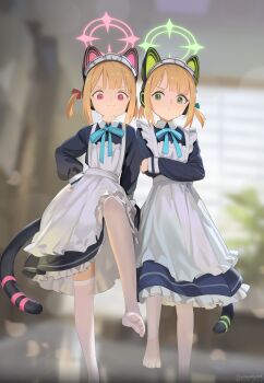 2girls absurdres animal_ear_headphones animal_ears apron black_dress blonde_hair blue_archive cat_tail closed_mouth dress fake_animal_ears flat_chest foot_focus frilled_apron frills green_eyes green_halo halo headphones highres loli long_sleeves looking_at_viewer maid_apron midori_(blue_archive) midori_(maid)_(blue_archive) momoi_(blue_archive) momoi_(maid)_(blue_archive) multiple_girls official_alternate_costume pantyhose pink_halo red_eyes short_hair siblings sisters smile soles tail toes twins twitter_username white_apron white_pantyhose youyueyue youyueyuee rating:Sensitive score:146 user:danbooru