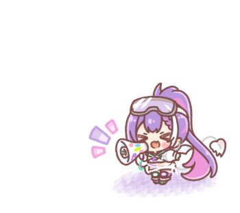  >_< 1girl :d blush_stickers boots braid braided_bangs chibi closed_eyes colored_shadow commentary_request demon_tail facing_viewer goggles goggles_on_head green_boots highres holding holding_megaphone hololive jacket knee_pads long_sleeves megaphone mitarashi_neko multicolored_hair notice_lines open_mouth pink_hair ponytail puffy_long_sleeves puffy_sleeves purple_boots purple_hair shadow simple_background smile solo streaked_hair tail tokoyami_towa tokoyami_towa_(cyberpunk) virtual_youtuber white_background white_hair white_jacket xd 