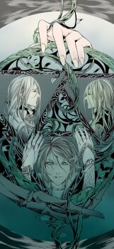  3boys bone dsprite23 fingernails leaf long_fingernails long_hair looking_at_viewer looking_to_the_side multiple_boys original plant surreal triangle vines white_hair 