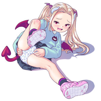 1girl :d blonde_hair blue_shirt blue_skirt blush bow bow_panties bow_print demon_girl demon_horns demon_tail demon_wings fangs female_focus food_print from_below full_body grey_socks hair_ornament heart heart_socks highres horns ice_cream_cone ice_cream_print kindergarten_uniform leg_lift leg_up loli long_sleeves looking_at_viewer lying name_tag nametake nintendo on_side open_mouth original panties parted_hair pink_shoes pinup_(style) pleated pleated_skirt pointy_ears poke_ball poke_ball_print pokemon print_footwear print_panties print_socks print_underwear red_eyes shirt shoe_soles shoes simple_background skirt sleeves_past_wrists smile socks solo spread_legs tail tsurime twintails underwear unmaker velcro velcro_footwear white_background white_panties wing_hair_ornament wings rating:Questionable score:245 user:Dweenie