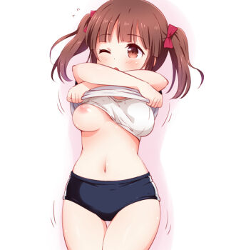 1girl arms_up blue_buruma blush bra bra_lift breasts brown_eyes brown_hair buruma clothes_lift commentary_request crossed_arms female_focus gym_uniform idolmaster idolmaster_cinderella_girls lifting_own_clothes long_hair medium_breasts mikan-ya navel nipples ogata_chieri one_breast_out one_eye_closed open_mouth ribbon shirt shirt_lift solo sports_bra sports_bra_lift thigh_gap twintails underwear undressing white_bra white_shirt rating:Questionable score:252 user:danbooru
