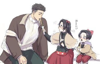  2girls aged_down asymmetrical_hair blush bow brown_capelet brown_coat brown_jacket capelet child closed_eyes coat commentary feeding feet_out_of_frame food frown hair_bow height_difference himejima_gyoumei holding holding_food jacket kimetsu_no_yaiba kochou_kanae long_hair long_sleeves looking_at_another mickey_mouse_(symbol) multiple_girls on_bench open_clothes open_coat open_mouth pants parted_bangs purple_eyes red_bow red_pants red_skirt shiroabe short_hair siblings simple_background sisters sitting skirt sweater teeth undercut upper_teeth_only white_background white_sweater 