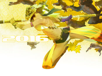  1girl 2016 anklet armlet barefoot bracelet breasts commentary_request feet highres holding holding_staff jewelry kinggainer long_hair monkey original staff tree 