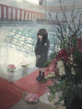  1girl 62_retas absurdres black_hair black_jacket black_necktie black_socks blazer brown_shoes chair closed_mouth collared_shirt corsage dress_shirt flower full_body graduation grey_eyes highres jacket loafers long_hair long_sleeves looking_ahead necktie original own_hands_together pink_flower plaid_clothes plaid_necktie pleated_skirt red_carpet school_uniform shirt shoes skirt socks solo standing v_arms white_shirt 