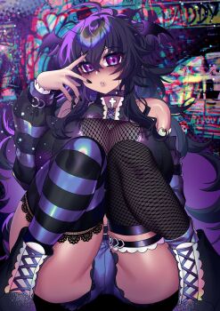  1girl absurdres ahoge ass asymmetrical_legwear bare_shoulders black_choker black_nails black_thighhighs blue_shorts blue_thighhighs blush breasts choker commentary crawling_dreams cross cross_choker curvy english_commentary fingernails fishnet_thighhighs fishnets full_body goth_fashion hair_between_eyes hand_up head_wings highres huge_breasts long_hair long_sleeves looking_at_viewer micro_shorts mismatched_legwear nail_polish nyarla_(osiimi) osiimi parted_lips purple_eyes purple_hair shorts sitting solo striped_clothes striped_thighhighs thick_thighs thigh_strap thighhighs thighs wings 