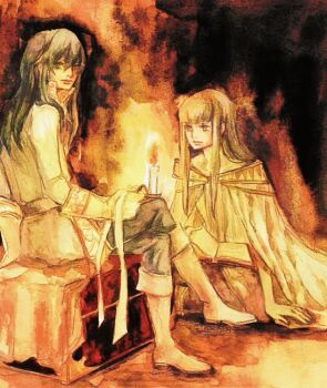  1boy 1girl blue_eyes blue_hair book boots brother_and_sister candle candlelight candlestand commentary_request crossed_legs dress expressionless fire_emblem fire_emblem:_genealogy_of_the_holy_war full_body gloves hachi_(hachinoko) hair_undone half-siblings holding holding_candle holding_candlestand jacket julia_(fire_emblem) knee_boots long_hair looking_at_another looking_at_viewer looking_back nintendo on_floor open_book seliph_(fire_emblem) siblings sitting unworn_headband white_boots white_gloves white_jacket 