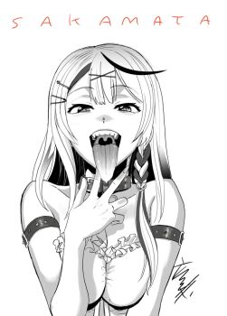  1girl breasts cleavage hiroe_rei hololive long_tongue looking_at_viewer monochrome open_mouth sakamata_chloe sakamata_chloe_(jirai_kei) tongue tongue_out virtual_youtuber  rating:Sensitive score:5 user:boznsj3
