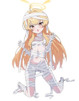  1girl :o ahoge bandaged_arm bandaged_chest bandaged_fingers bandaged_foot bandaged_hand bandaged_head bandaged_leg bandaged_neck bandages bare_shoulders blonde_hair blue_archive blush brown_eyes claw_pose covered_erect_nipples fang flat_chest full_body hair_between_eyes hair_intakes halloween_costume halo hands_up highres kneeling loli long_hair naked_bandage navel official_alternate_costume official_alternate_hairstyle open_mouth pink_pupils sidelocks simple_background skin_fang solo toenails toes toiuwake8140 v-shaped_eyebrows very_long_hair white_background yellow_halo yoshimi_(blue_archive) yoshimi_(halloween)_(blue_archive) 