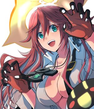  1girl ankh_necklace black_gloves bodysuit breasts broken_halo center_opening cleavage colored_inner_hair commentary fighting_stance gloves green_eyes guilty_gear guilty_gear_strive hair_between_eyes halloween halo highres jack-o'_valentine knight_servant large_breasts long_hair mariebell multicolored_gloves multicolored_hair open_mouth pumpkin red_gloves red_hair simple_background smile solo teeth two-tone_gloves two-tone_hair upper_teeth_only white_background white_bodysuit white_hair yellow_halo 