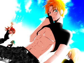  1girl 3boys abs aged_down akashi_(pixiv_user_1342337) belt black_belt black_shirt blonde_hair blue_eyes blue_hair blue_sky camouflage camouflage_pants clothes_lift commentary_request higyaku_no_noel lifting_own_clothes looking_at_viewer luca_(higyaku_no_noel) male_focus multiple_boys navel nero_(higyaku_no_noel) no_nipples nola_(higyaku_no_noel) orange_hair pants pectorals ponytail red_hair ribelio_strada shirt shirt_lift short_hair sky solo_focus sweat sweater teeth toned toned_male translation_request turtleneck turtleneck_sweater wiping_sweat 