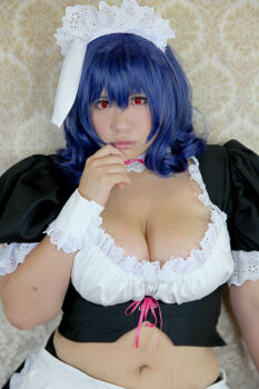 apron blue_hair breasts chouzuki_maryou cosplay large_breasts maid maid_apron maid_headdress photo_(medium) plump red_eyes seikon_no_qwaser thick_thighs thighhighs thighs yamanobe_tomo rating:Explicit score:6 user:H-Viruz
