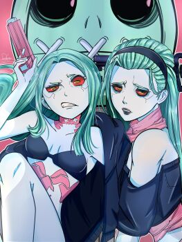 1girl 2girls a.b.a absurdres artificial_eye bags_under_eyes bare_shoulders black_lips breasts cattedawn clenched_teeth colored_sclera colored_skin cosplay cyberpunk:_edgerunners cyberpunk_(series) green_hair guilty_gear guilty_gear_strive gun hair_pulled_back highres key_in_head long_hair looking_at_viewer mechanical_eye multiple_girls neck_tattoo object_through_head paracelsus_(guilty_gear) rebecca_(cyberpunk) rebecca_(cyberpunk)_(cosplay) red_sclera simple_background small_breasts stomach_tattoo tattoo teeth twintails weapon