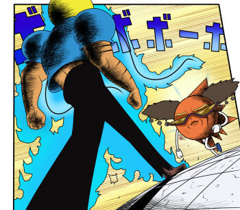  2boys alessi alessi_(cosplay) arm_hair aura bell black_pants blonde_hair blue_shirt bobobo-bo_bo-bobo bobobo-bo_bo-bobo_(character) brown_shoes colored_skin commentary cosplay dodododo don_patch gloves hair_bell hair_ornament highres jazz_jack jojo_no_kimyou_na_bouken lips meme midriff multiple_boys nose_hair oh?_you're_approaching_me?_(meme) orange_skin pants parody shirt shoes short_sleeves sound_effects spikes stardust_crusaders sunglasses translated voice_actor_connection white_gloves 