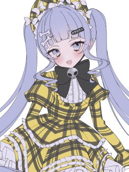  1girl blue_eyes blue_hair blush bone_hair_ornament bonnet bow commentary dress ear_piercing fang hair_between_eyes hair_ornament hairclip highres lolita_fashion long_hair long_sleeves looking_at_viewer nnulz open_mouth piercing plaid_clothes simple_background skull_ornament smile solo symbol-only_commentary twintails vspo! white_background yano_kuromu yano_kuromu_(3rd_costume) 