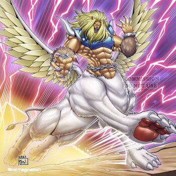  1boy abs absurdres animal_ears animal_nose armor blonde_hair blue_armor bracelet centauroid chain claws commentary_request commission duel_monster electricity fingernails full_body furry furry_male hand_up highres jewelry kai.magination lion_boy lion_ears lion_tail long_fingernails long_hair looking_at_viewer male_focus monster_boy multiple_legs muscular muscular_male open_mouth pawpads purple_nails running sharp_teeth shoulder_spikes signature solo spiked_bracelet spikes standing standing_on_one_leg stomach tail taur teeth theinen_the_great_sphinx twitter_username very_long_hair watermark white_fur yu-gi-oh! 
