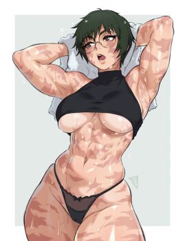  1girl abs armpits black_panties breasts burn_scar crop_top glasses godlessrat green_hair highres jujutsu_kaisen lingerie looking_to_the_side muscular muscular_female navel panties round_eyewear scar scar_on_arm scar_on_breasts scar_on_face scar_on_leg scar_on_thighs scars_all_over short_hair solo stomach sweat too_many underboob underwear very_sweaty zen'in_maki zen'in_maki_(post_shibuya) 