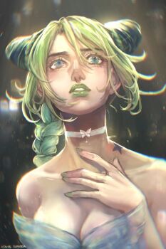  1girl absurdres birthmark blue_eyes blurry blurry_background braid braided_bun breasts butterfly_choker choker chromatic_aberration cleavage commentary double_bun green_hair green_lips hair_bun hand_on_own_chest highres joestar_birthmark jojo_no_kimyou_na_bouken kuujou_jolyne long_hair looking_up multicolored_hair nail_polish parted_lips portrait ringovalent solo stone_ocean strapless 