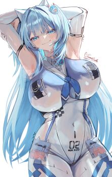 1girl absurdres animal_ear_headphones animal_ears arms_behind_head arms_up blue_eyes blue_hair bodypaint breasts commentary_request covered_navel cropped_legs detached_sleeves fake_animal_ears goddess_of_victory:_nikke headphones highres large_breasts long_hair long_sleeves looking_at_viewer mekami_shifty_(nikke) painted_clothes pennosuke simple_background smile solo standing white_background 