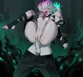  1boy 1girl absurdres black_pants black_sclera blush breasts briar_(league_of_legends) clothes_pull colored_sclera feet glowing glowing_eyes gradient_hair green_eyes hetero highres league_of_legends long_tongue multicolored_hair navel nipples nude open_mouth pale_skin pants pants_pull penis peppr_n'_salt pink_hair pink_sclera pointy_ears pussy reverse_suspended_congress sex sex_from_behind sharp_toenails small_breasts stirrup_legwear testicles toeless_legwear toenails tongue tongue_out two-tone_hair uncensored vaginal viego_(league_of_legends) white_eyes white_hair  rating:Explicit score:14 user:danbooru