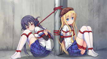  2girls :t absurdres back-to-back bdsm beret black_hair black_shirt blonde_hair blue_eyes blue_skirt blush bondage bound breasts brown_hat chinese_commentary closed_mouth clover_days commentary_request commission day full_body furrowed_brow hair_between_eyes hair_ornament hairclip hat highres knees_up layered_sleeves leaning_forward long_hair long_sleeves looking_at_viewer medium_breasts meitoku miniskirt multiple_girls no_shoes outdoors parted_lips partial_commentary plaid_clothes plaid_hat plaid_skirt pleated_skirt pout red_eyes rope school_uniform second-party_source shibari shirt short_over_long_sleeves short_sleeves siblings sidelocks sisters sitting skindentation skirt small_breasts straight_hair takakura_anri takakura_anzu tearing_up thighhighs thighs turtleneck turtleneck_shirt twins twintails utility_pole very_long_hair white_shirt white_thighhighs zettai_ryouiki 